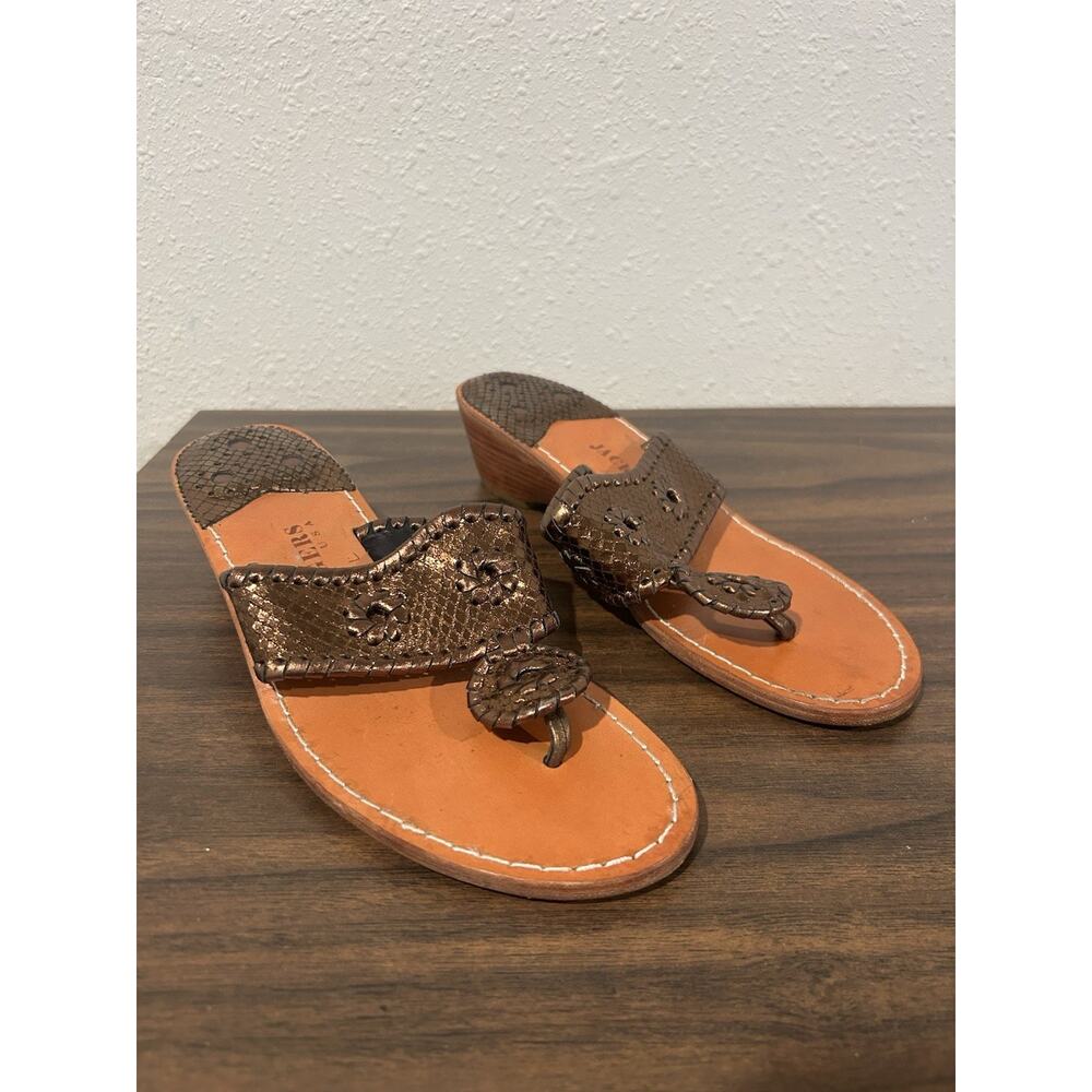 Jack Rogers Sandals Bronze Metallic Leather Low Wedges Thong Slip On Gold Womens
